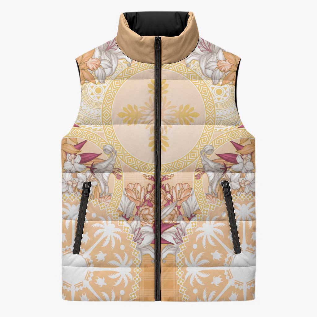 Hawaii Peach Palaka Sleeveless Puffer Jacket With Tapa Pattern Tropical Flowers - Polynesian Pride