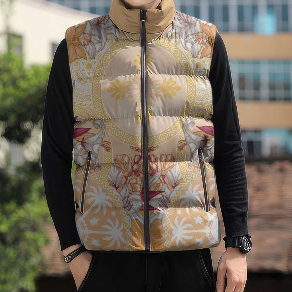 Hawaii Peach Palaka Sleeveless Puffer Jacket With Tapa Pattern Tropical Flowers - Polynesian Pride