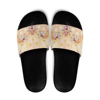 Hawaii Peach Palaka Slide Sandals With Tapa Pattern Tropical Flowers - Polynesian Pride