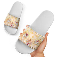 Hawaii Peach Palaka Slide Sandals With Tapa Pattern Tropical Flowers - Polynesian Pride