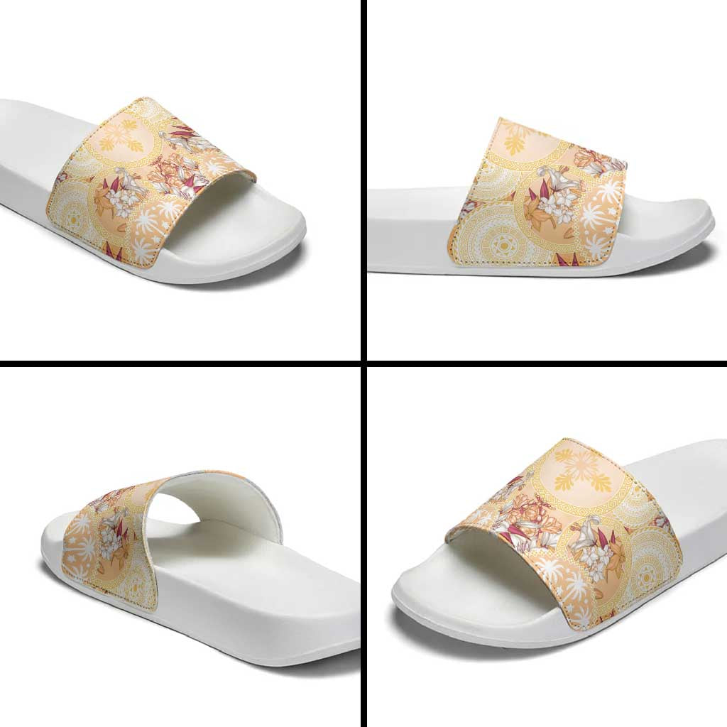 Hawaii Peach Palaka Slide Sandals With Tapa Pattern Tropical Flowers - Polynesian Pride