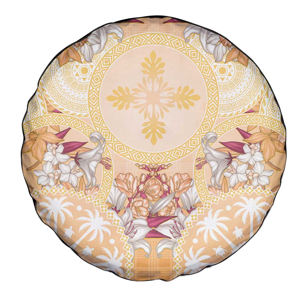Hawaii Peach Palaka Spare Tire Cover With Tapa Pattern Tropical Flowers - Polynesian Pride