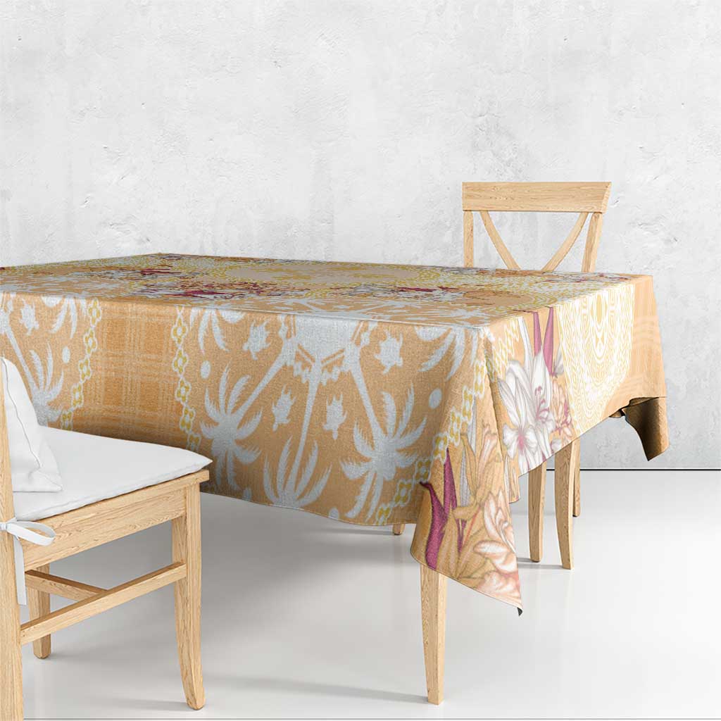 Hawaii Peach Palaka Tablecloth With Tapa Pattern Tropical Flowers - Polynesian Pride