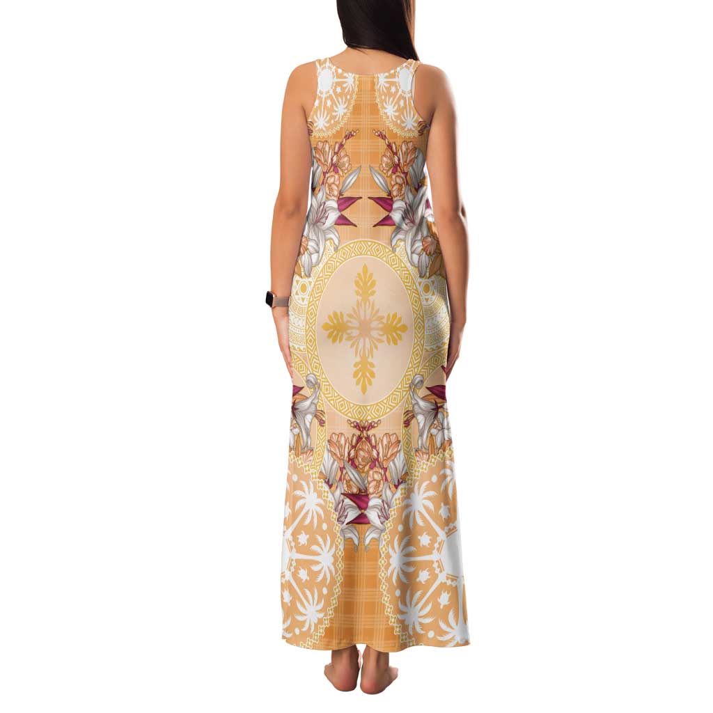 Hawaii Peach Palaka Tank Maxi Dress With Tapa Pattern Tropical Flowers - Polynesian Pride