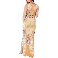 Hawaii Peach Palaka Tank Maxi Dress With Tapa Pattern Tropical Flowers - Polynesian Pride