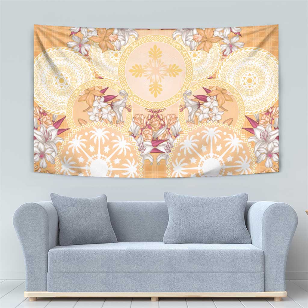 Hawaii Peach Palaka Tapestry With Tapa Pattern Tropical Flowers - Polynesian Pride