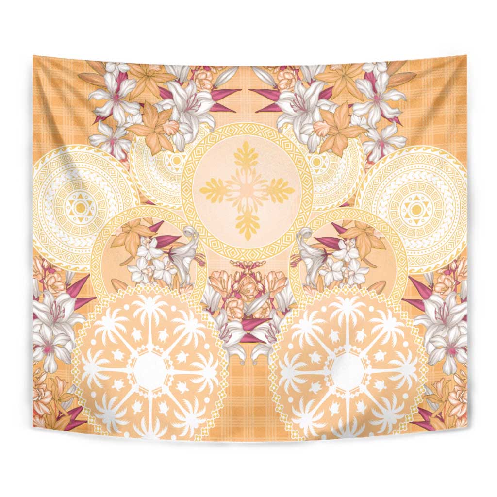 Hawaii Peach Palaka Tapestry With Tapa Pattern Tropical Flowers - Polynesian Pride