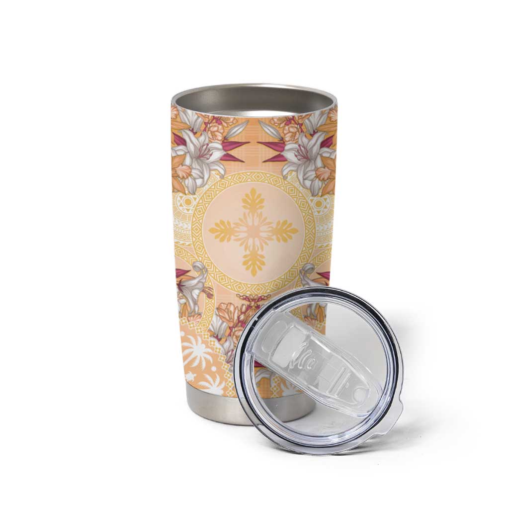 Hawaii Peach Palaka Tumbler Cup With Tapa Pattern Tropical Flowers - Polynesian Pride