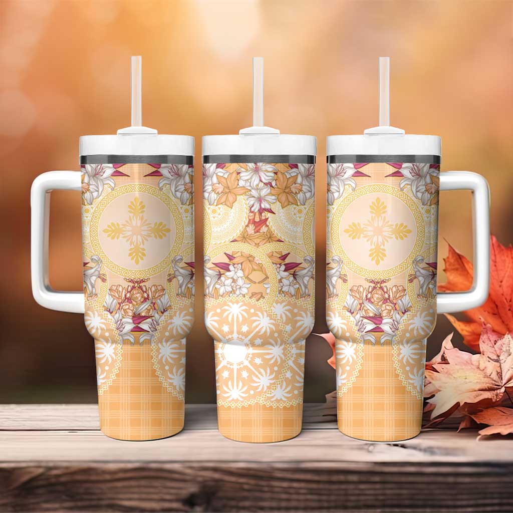 Hawaii Peach Palaka Tumbler With Handle With Tapa Pattern Tropical Flowers - Polynesian Pride