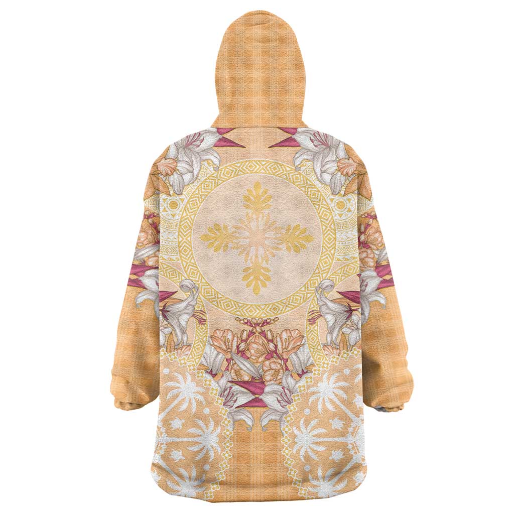 Hawaii Peach Palaka Wearable Blanket Hoodie With Tapa Pattern Tropical Flowers - Polynesian Pride
