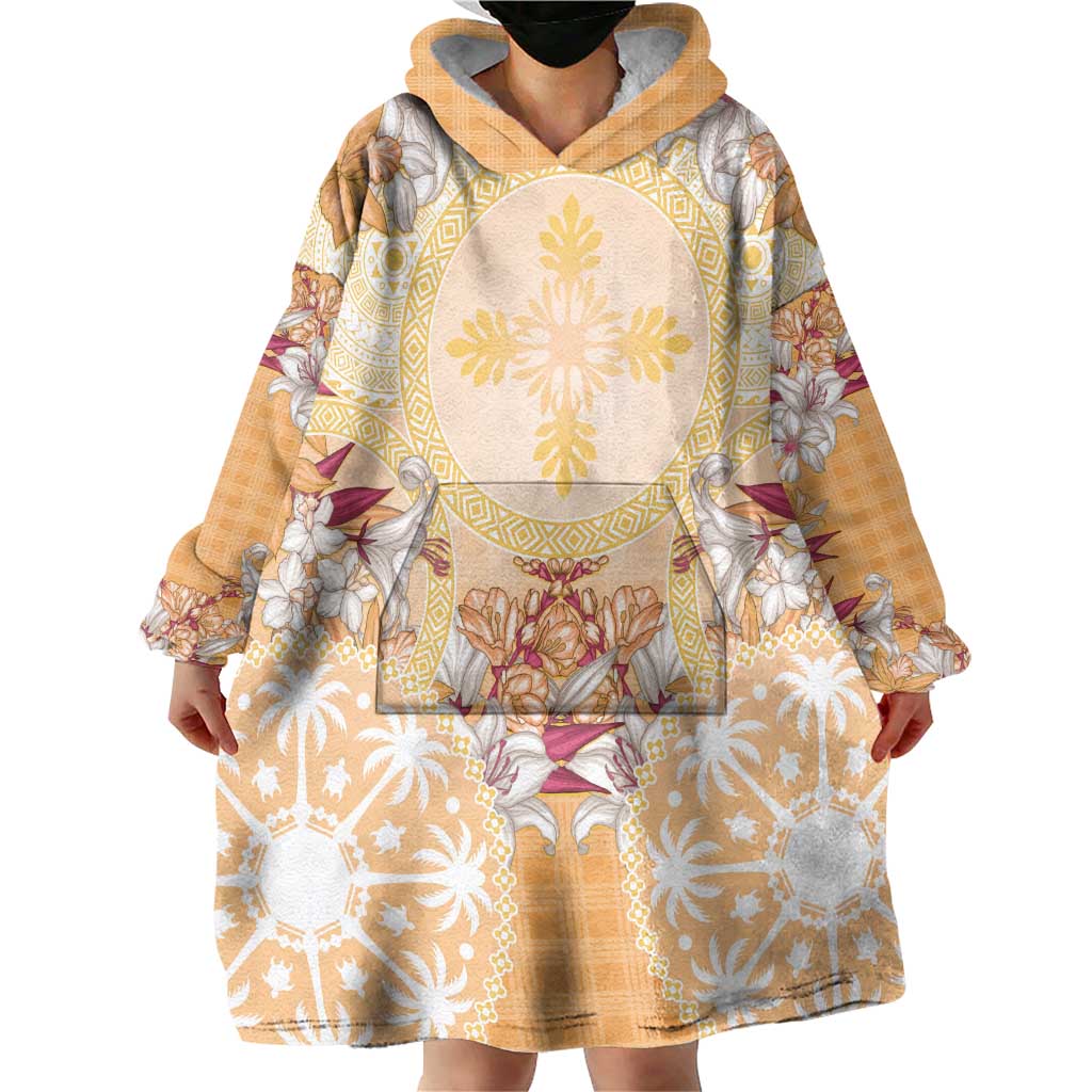 Hawaii Peach Palaka Wearable Blanket Hoodie With Tapa Pattern Tropical Flowers - Polynesian Pride