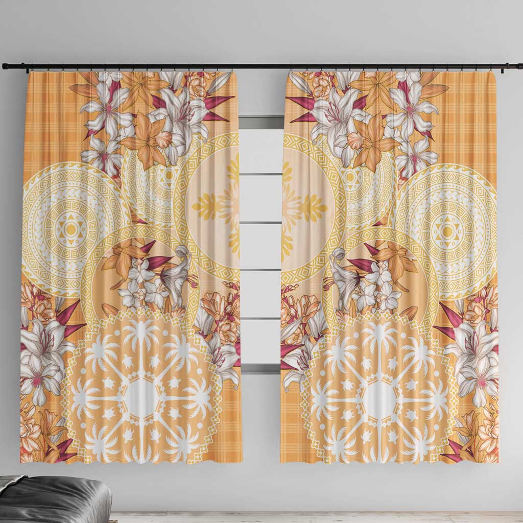 Hawaii Peach Palaka Window Curtain With Tapa Pattern Tropical Flowers - Polynesian Pride