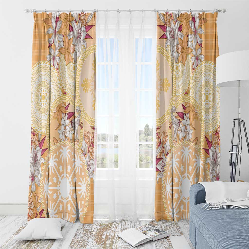 Hawaii Peach Palaka Window Curtain With Tapa Pattern Tropical Flowers - Polynesian Pride