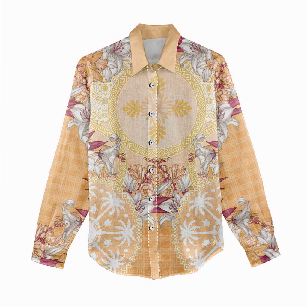 Hawaii Peach Palaka Women Casual Shirt With Tapa Pattern Tropical Flowers - Polynesian Pride