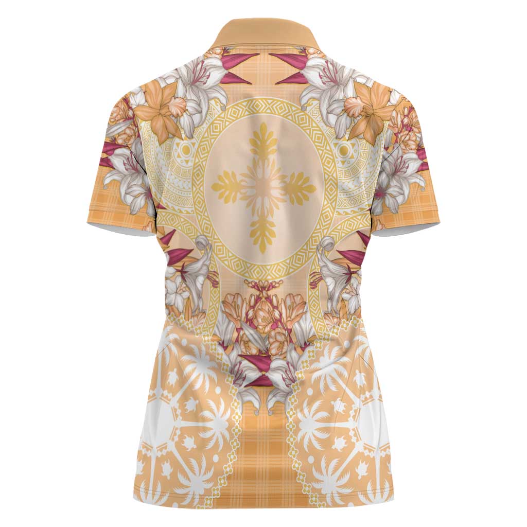 Hawaii Peach Palaka Women Polo Shirt With Tapa Pattern Tropical Flowers - Polynesian Pride
