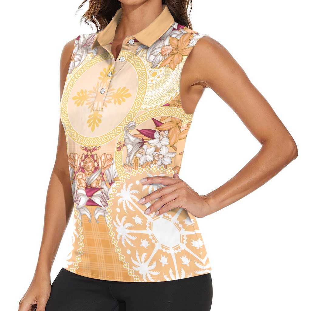 Hawaii Peach Palaka Women Sleeveless Polo Shirt With Tapa Pattern Tropical Flowers - Polynesian Pride