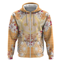 Hawaii Peach Palaka Zip Hoodie With Tapa Pattern Tropical Flowers - Polynesian Pride