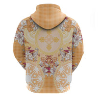 Hawaii Peach Palaka Zip Hoodie With Tapa Pattern Tropical Flowers - Polynesian Pride