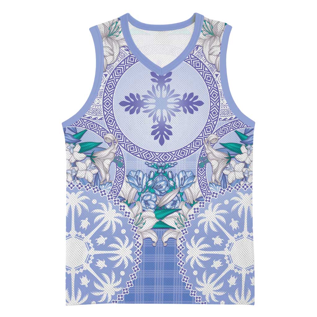 Hawaii Violet Palaka Basketball Jersey With Tapa Pattern Tropical Flowers - Polynesian Pride