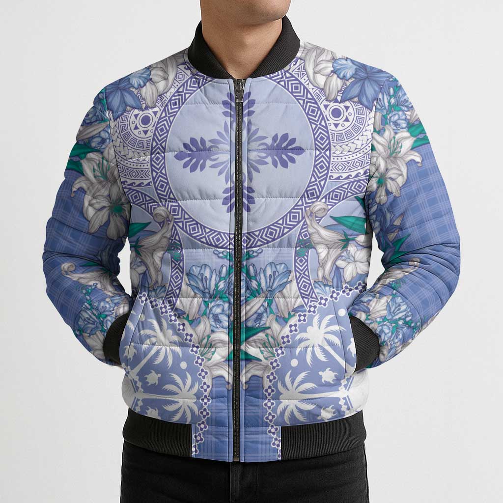 Hawaii Violet Palaka Bomber Puffer Jacket With Tapa Pattern Tropical Flowers - Polynesian Pride