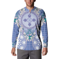 Hawaii Violet Palaka Button Sweatshirt With Tapa Pattern Tropical Flowers - Polynesian Pride