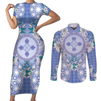 Hawaii Violet Palaka Couples Matching Short Sleeve Bodycon Dress and Long Sleeve Button Shirt With Tapa Pattern Tropical Flowers LT05 Violet - Polynesian Pride