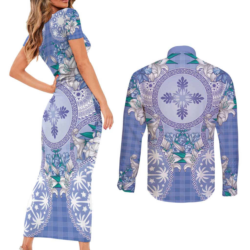Hawaii Violet Palaka Couples Matching Short Sleeve Bodycon Dress and Long Sleeve Button Shirt With Tapa Pattern Tropical Flowers LT05 - Polynesian Pride
