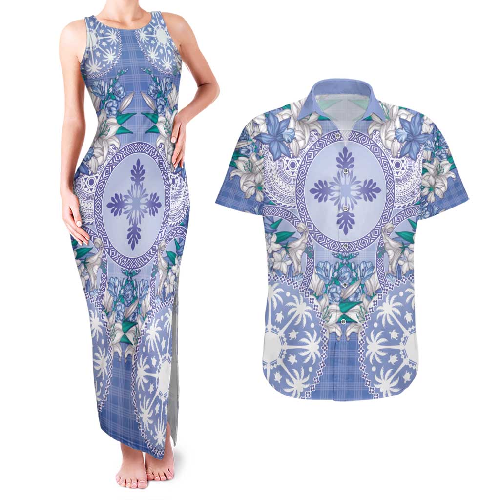 Hawaii Violet Palaka Couples Matching Tank Maxi Dress and Hawaiian Shirt With Tapa Pattern Tropical Flowers LT05 Violet - Polynesian Pride