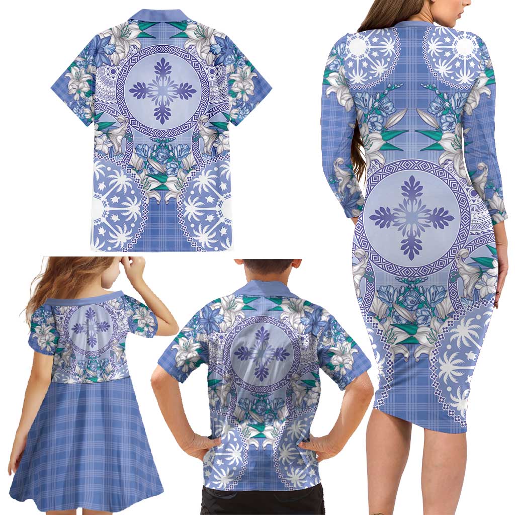 Hawaii Violet Palaka Family Matching Long Sleeve Bodycon Dress and Hawaiian Shirt With Tapa Pattern Tropical Flowers - Polynesian Pride
