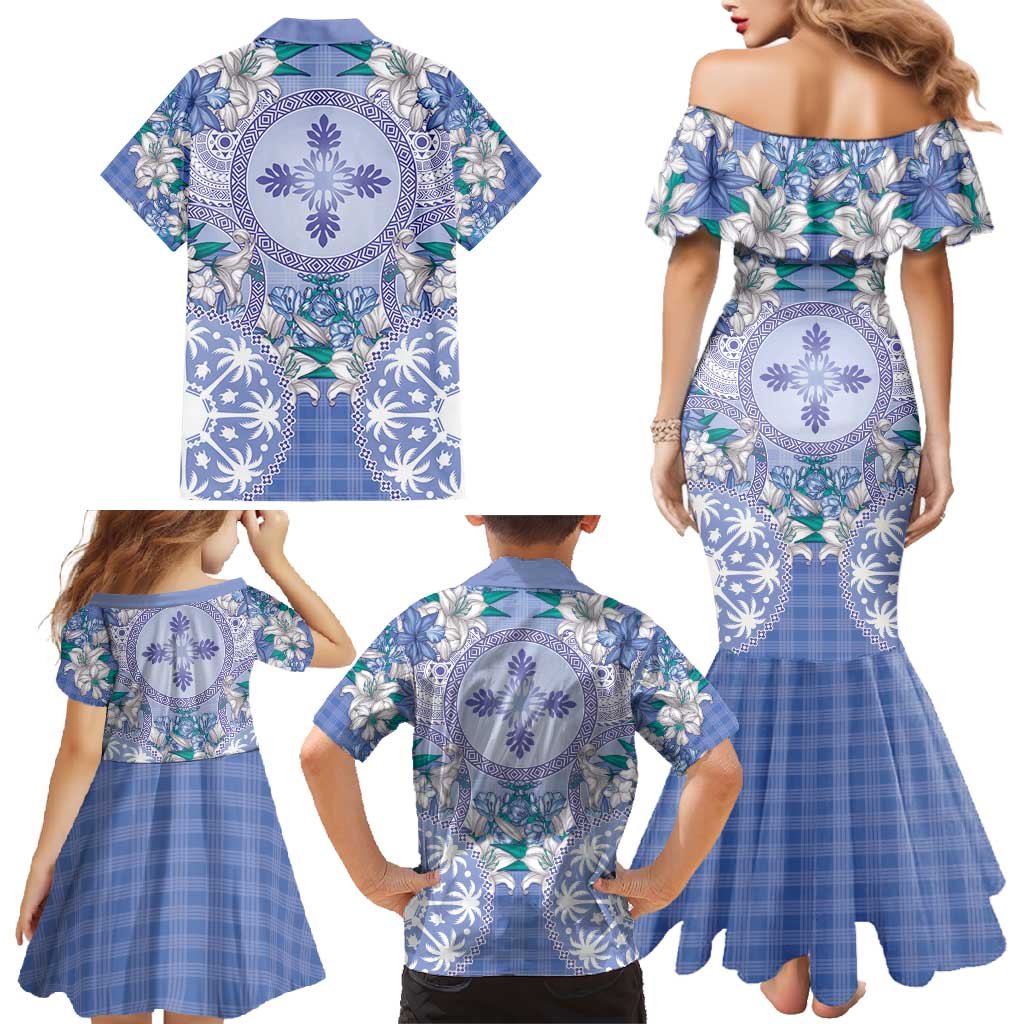 Hawaii Violet Palaka Family Matching Mermaid Dress and Hawaiian Shirt With Tapa Pattern Tropical Flowers - Polynesian Pride