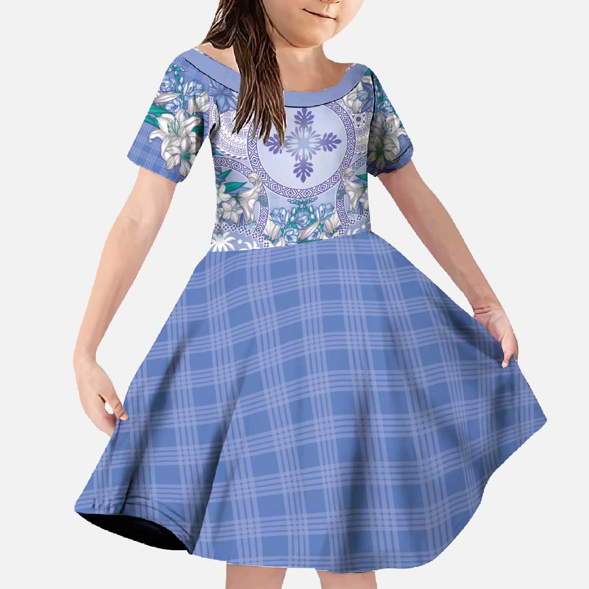 Hawaii Violet Palaka Family Matching Off The Shoulder Long Sleeve Dress and Hawaiian Shirt With Tapa Pattern Tropical Flowers - Polynesian Pride