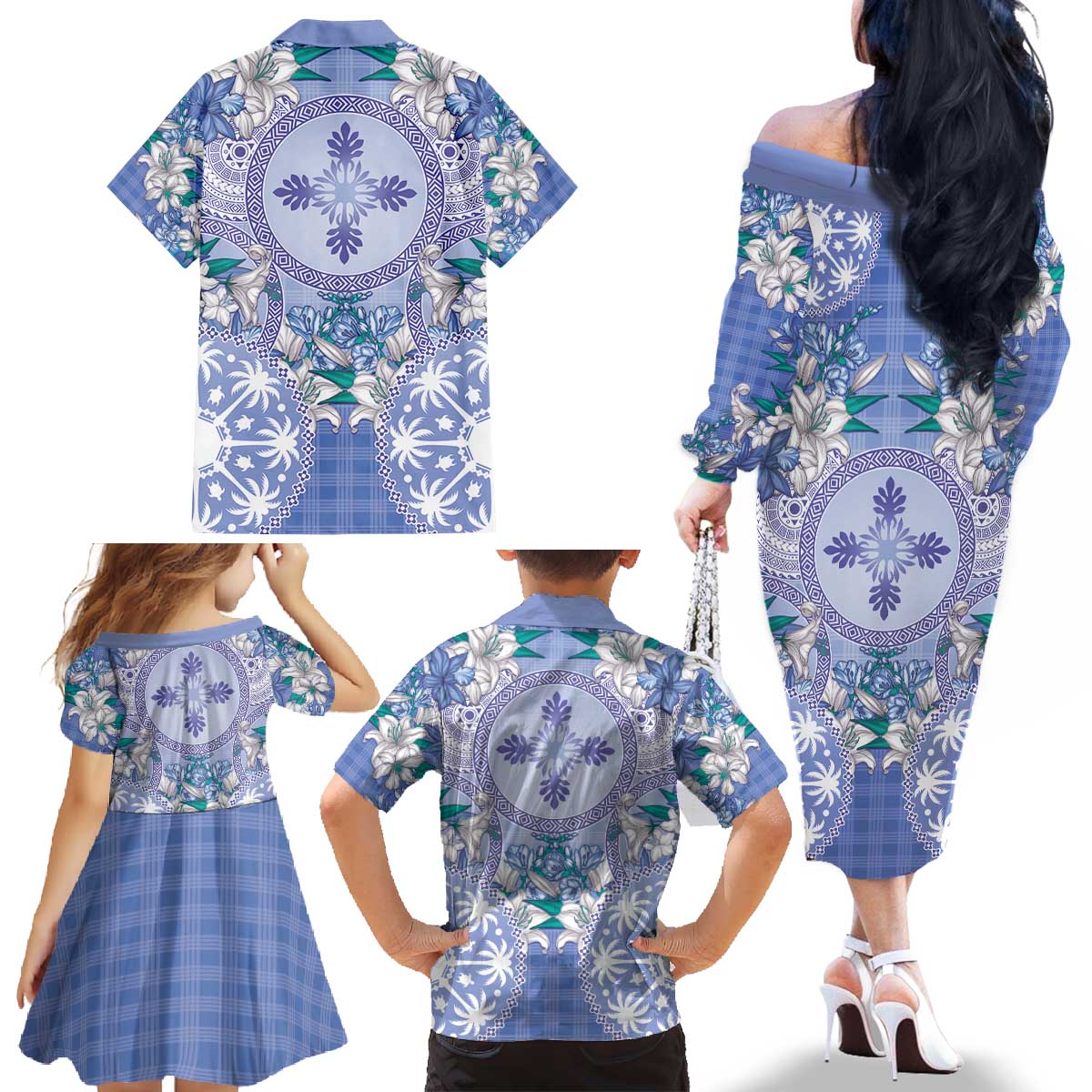 Hawaii Violet Palaka Family Matching Off The Shoulder Long Sleeve Dress and Hawaiian Shirt With Tapa Pattern Tropical Flowers - Polynesian Pride