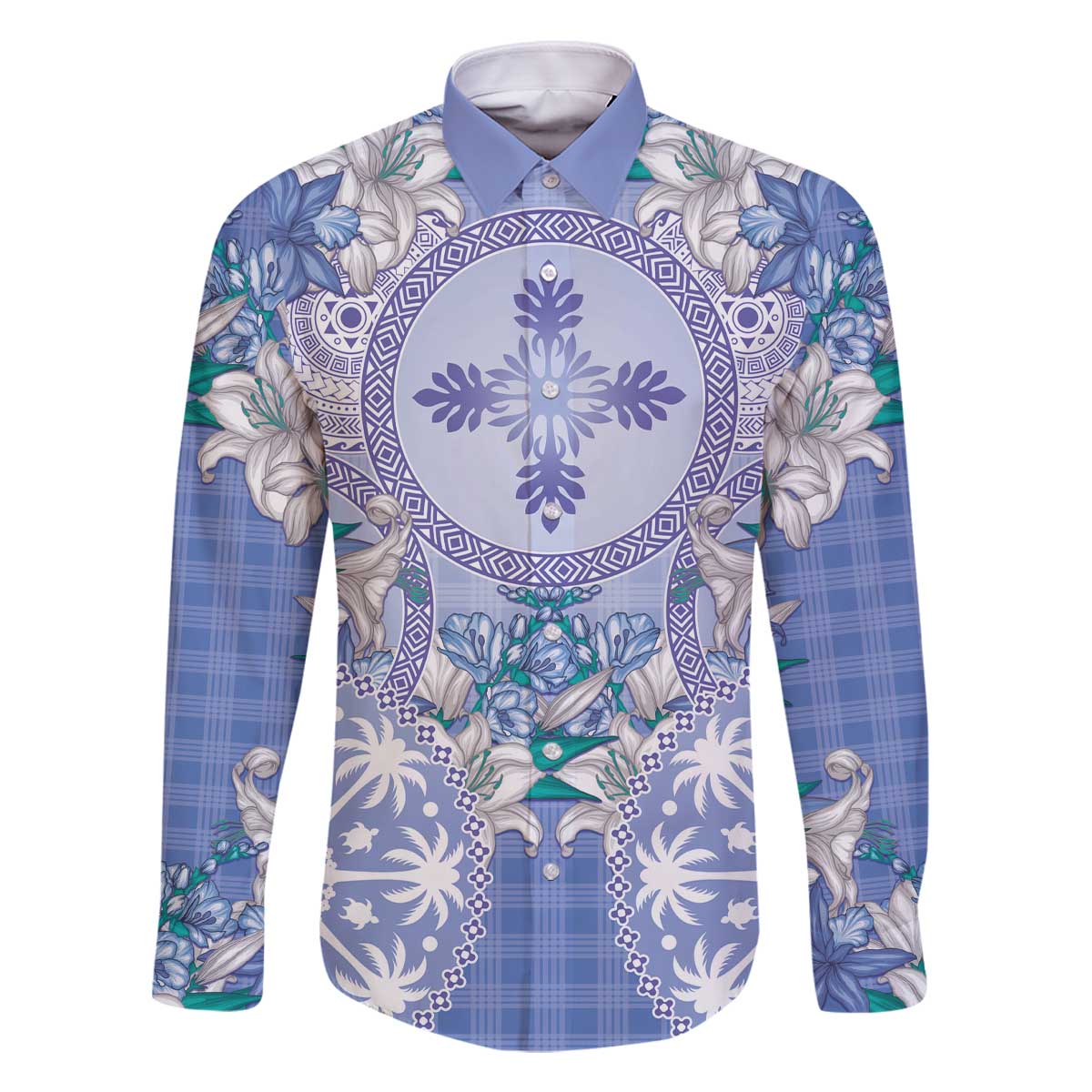 Hawaii Violet Palaka Family Matching Off The Shoulder Long Sleeve Dress and Hawaiian Shirt With Tapa Pattern Tropical Flowers - Polynesian Pride