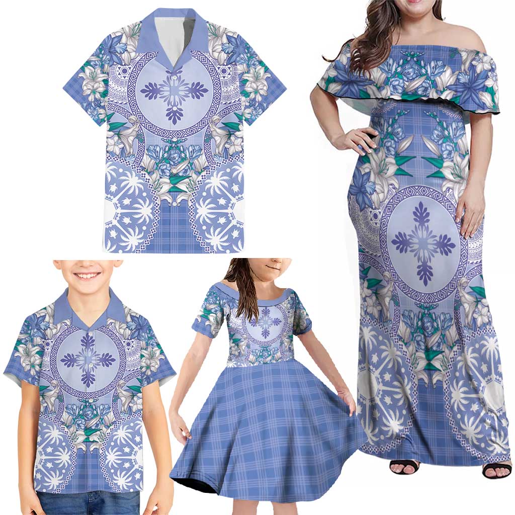 Hawaii Violet Palaka Family Matching Off Shoulder Maxi Dress and Hawaiian Shirt With Tapa Pattern Tropical Flowers - Polynesian Pride