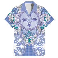 Hawaii Violet Palaka Family Matching Off Shoulder Short Dress and Hawaiian Shirt With Tapa Pattern Tropical Flowers - Polynesian Pride