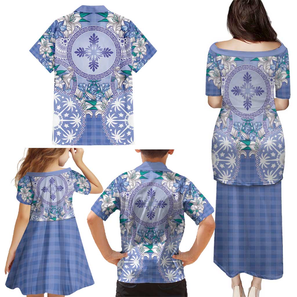 Hawaii Violet Palaka Family Matching Puletasi and Hawaiian Shirt With Tapa Pattern Tropical Flowers - Polynesian Pride