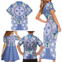 Hawaii Violet Palaka Family Matching Short Sleeve Bodycon Dress and Hawaiian Shirt With Tapa Pattern Tropical Flowers - Polynesian Pride