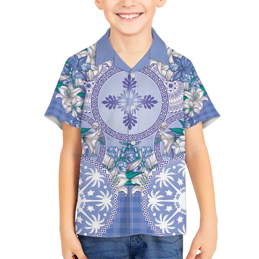 Hawaii Violet Palaka Kid Hawaiian Shirt With Tapa Pattern Tropical Flowers - Polynesian Pride
