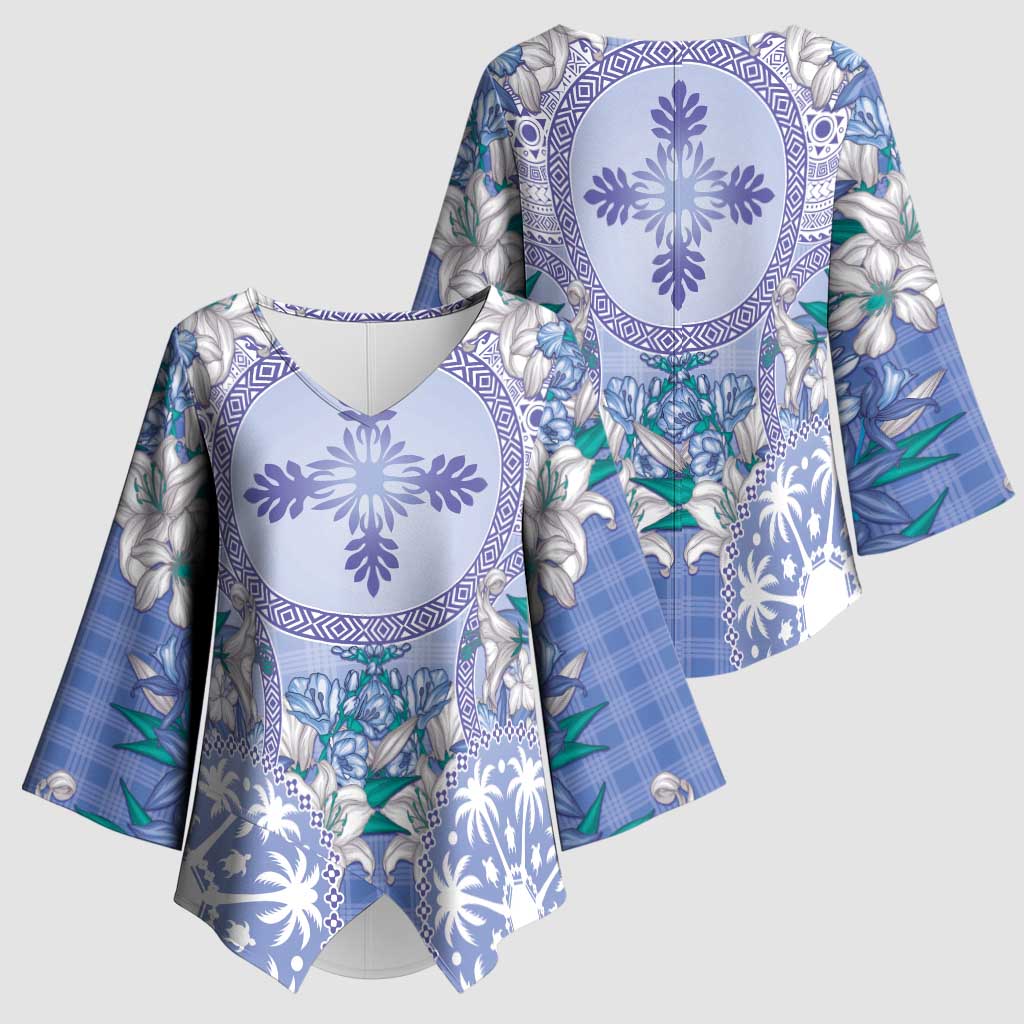 Hawaii Violet Palaka Kimono Sleeve Blouse With Tapa Pattern Tropical Flowers - Polynesian Pride