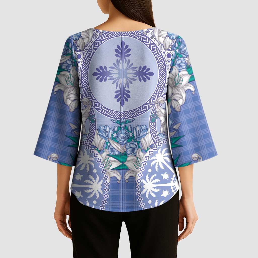 Hawaii Violet Palaka Kimono Sleeve Blouse With Tapa Pattern Tropical Flowers - Polynesian Pride