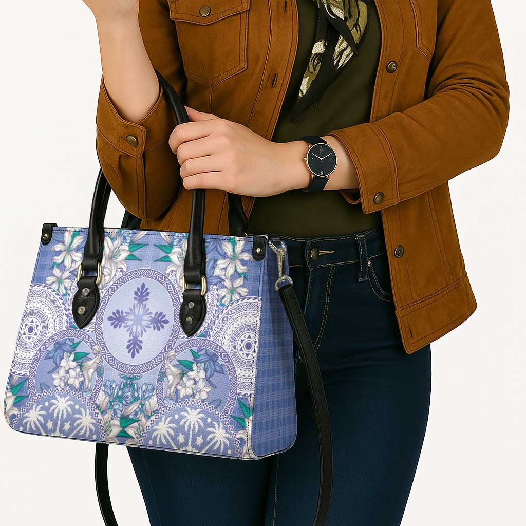Hawaii Violet Palaka Leather Bag With Tapa Pattern Tropical Flowers - Polynesian Pride