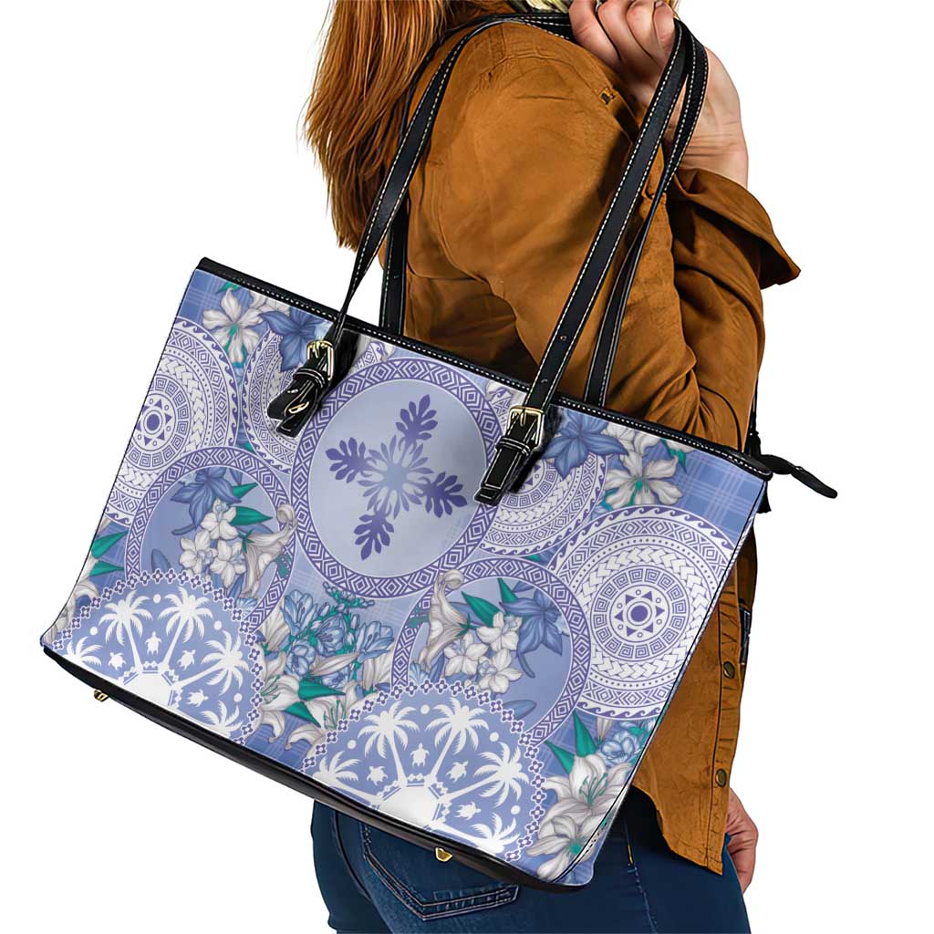 Hawaii Violet Palaka Leather Tote Bag With Tapa Pattern Tropical Flowers - Polynesian Pride
