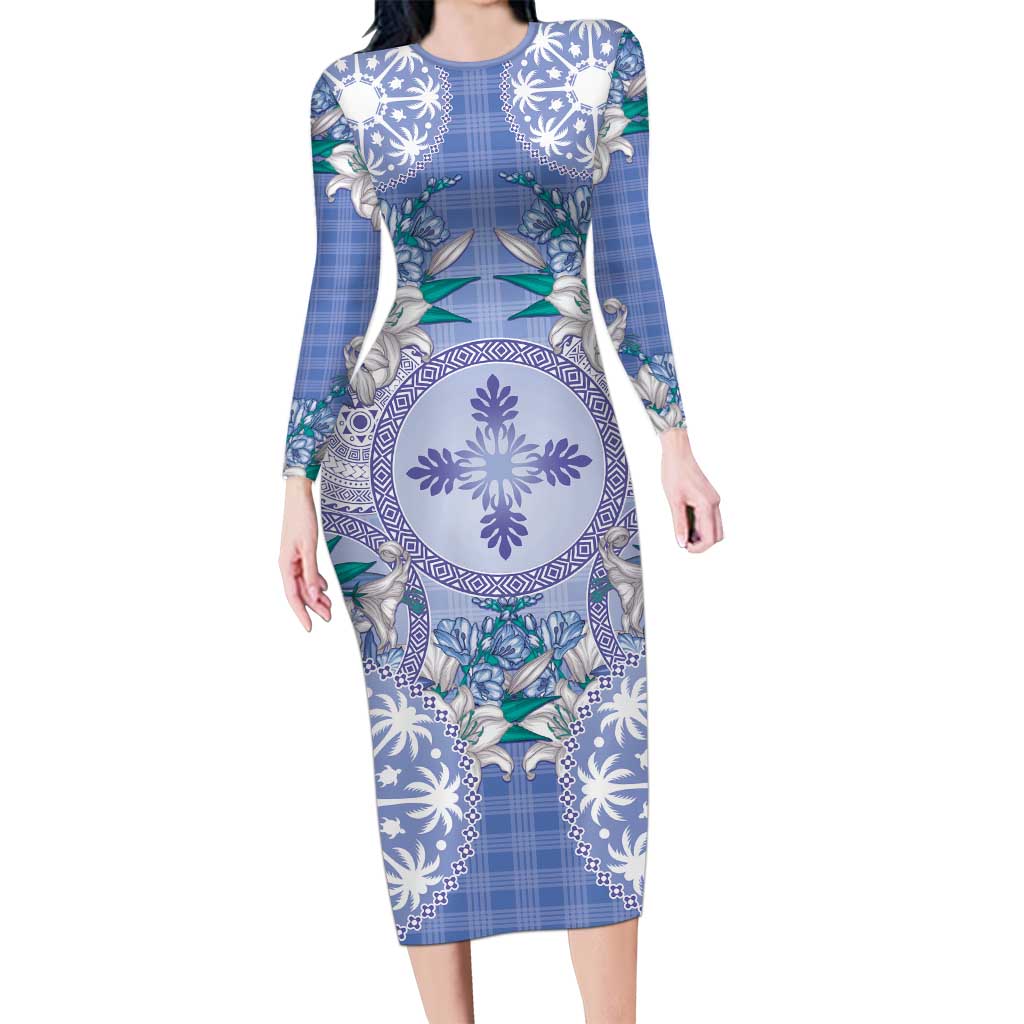 Hawaii Violet Palaka Long Sleeve Bodycon Dress With Tapa Pattern Tropical Flowers - Polynesian Pride
