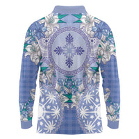 Hawaii Violet Palaka Long Sleeve Polo Shirt With Tapa Pattern Tropical Flowers - Polynesian Pride