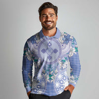 Hawaii Violet Palaka Long Sleeve Polo Shirt With Tapa Pattern Tropical Flowers - Polynesian Pride