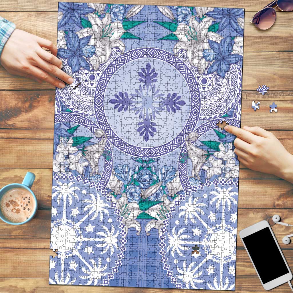 Hawaii Violet Palaka Puzzle With Tapa Pattern Tropical Flowers - Polynesian Pride