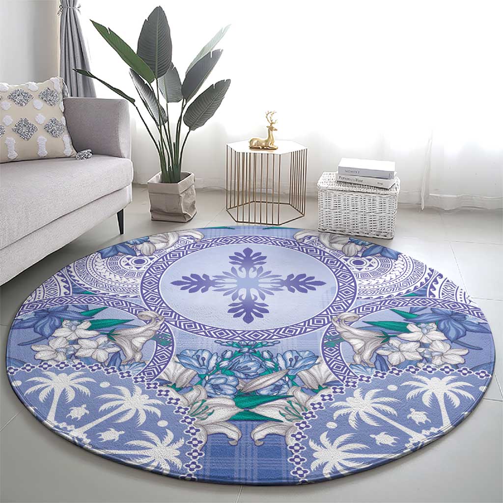 Hawaii Violet Palaka Round Carpet With Tapa Pattern Tropical Flowers - Polynesian Pride