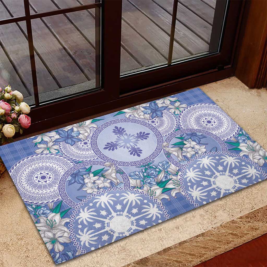 Hawaii Violet Palaka Rubber Doormat With Tapa Pattern Tropical Flowers - Polynesian Pride