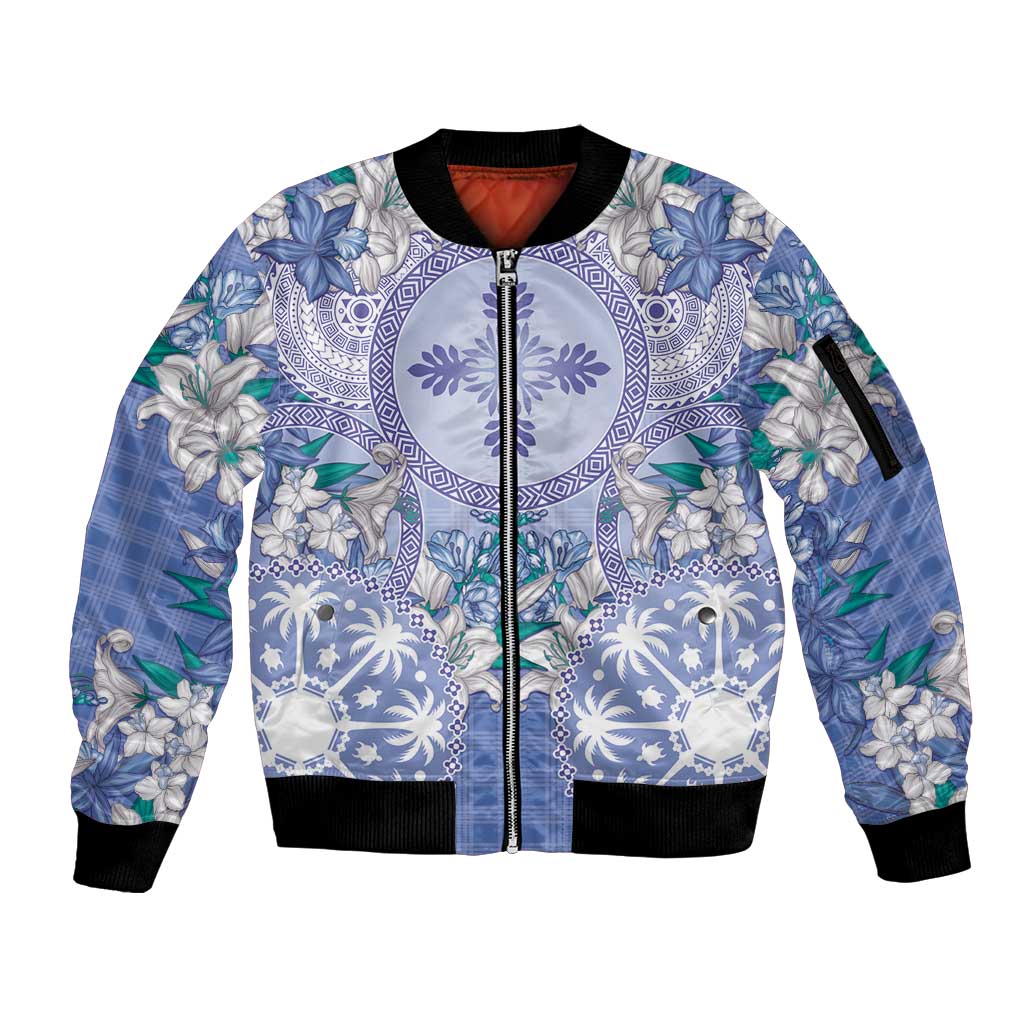Hawaii Violet Palaka Sleeve Zip Bomber Jacket With Tapa Pattern Tropical Flowers - Polynesian Pride