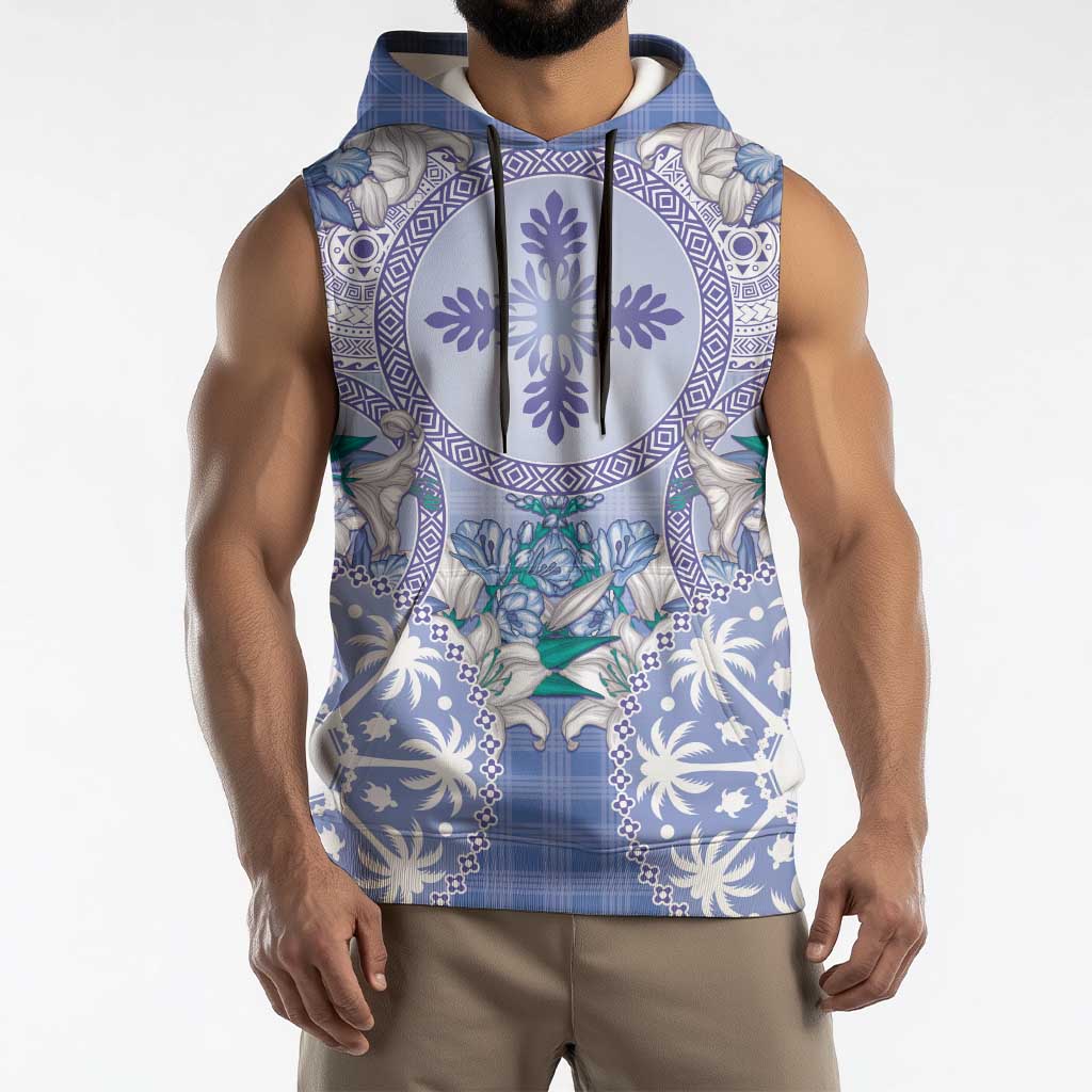 Hawaii Violet Palaka Sleeveless Hoodie With Tapa Pattern Tropical Flowers - Polynesian Pride